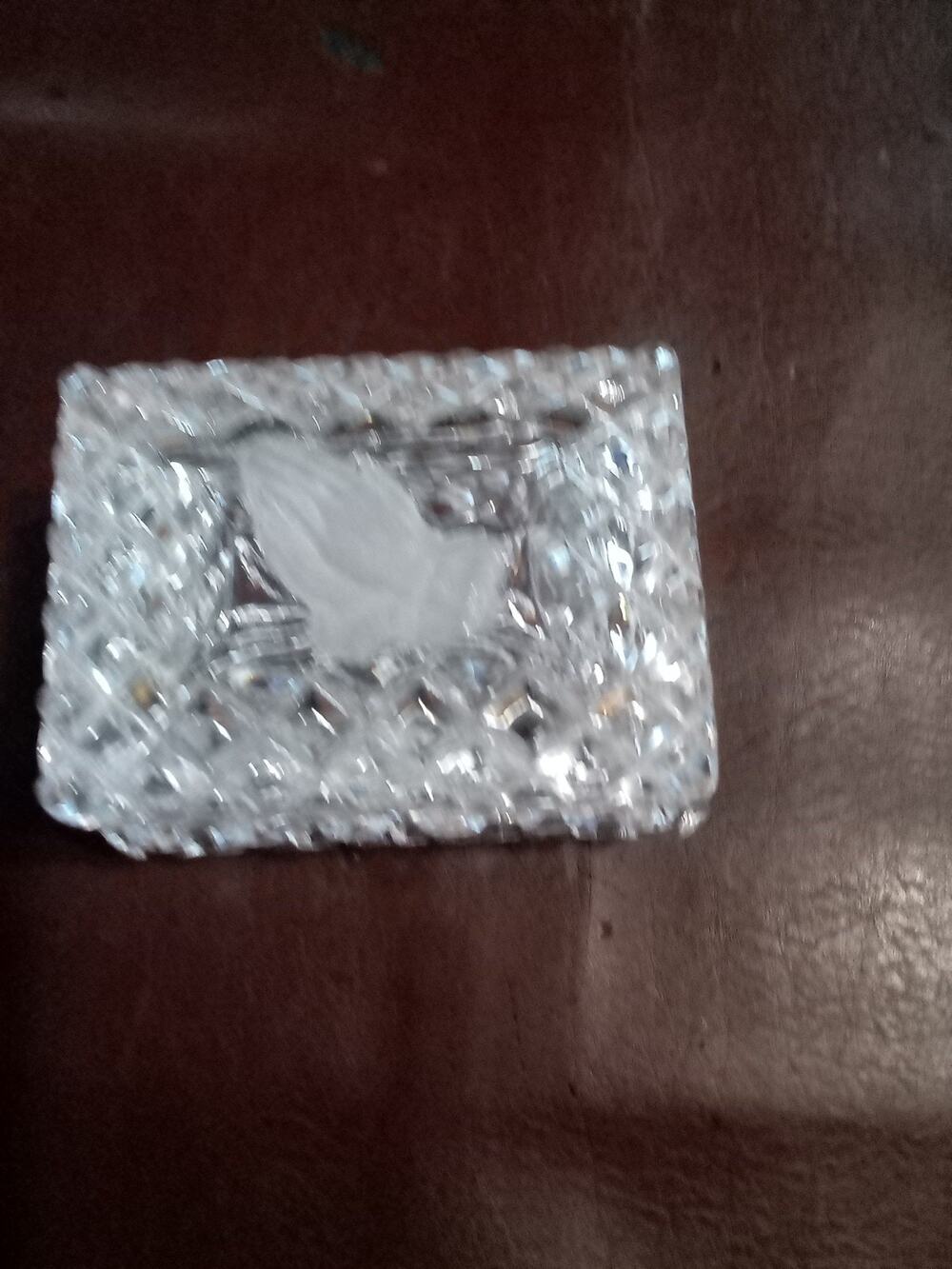 Vintage Diamond Cut Crystal Trinket Box 3x2x2 With Praying Hands On Lid